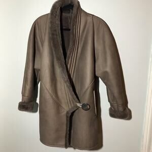 VTG Spolek handmade designer sheepskin with shearling brown wrap coat USA WOW